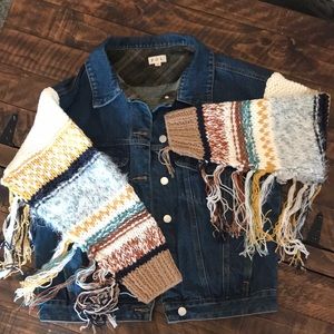 Denim jacket with knitted fringe sleeves